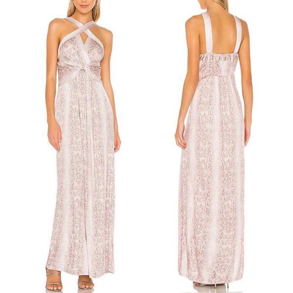 BCBGMAXAZRIA Sleeveless Cross Front Maxi Dress Bare Pink Python Snake Print S